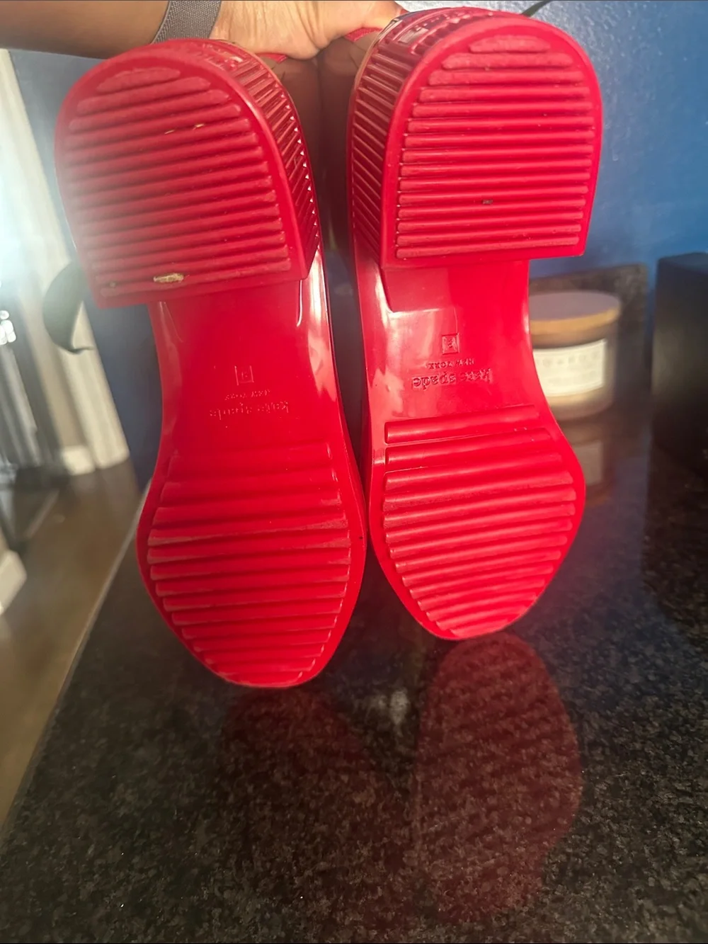kate spade Brown Glossy Ankle Rain Boots with Red Trim